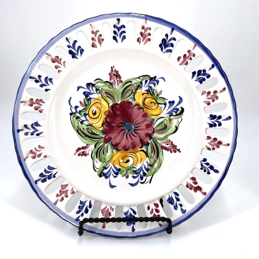 Hand Painted Portugal Wall Plate Vestal Pottery 8 3/4" Floral Reticulated